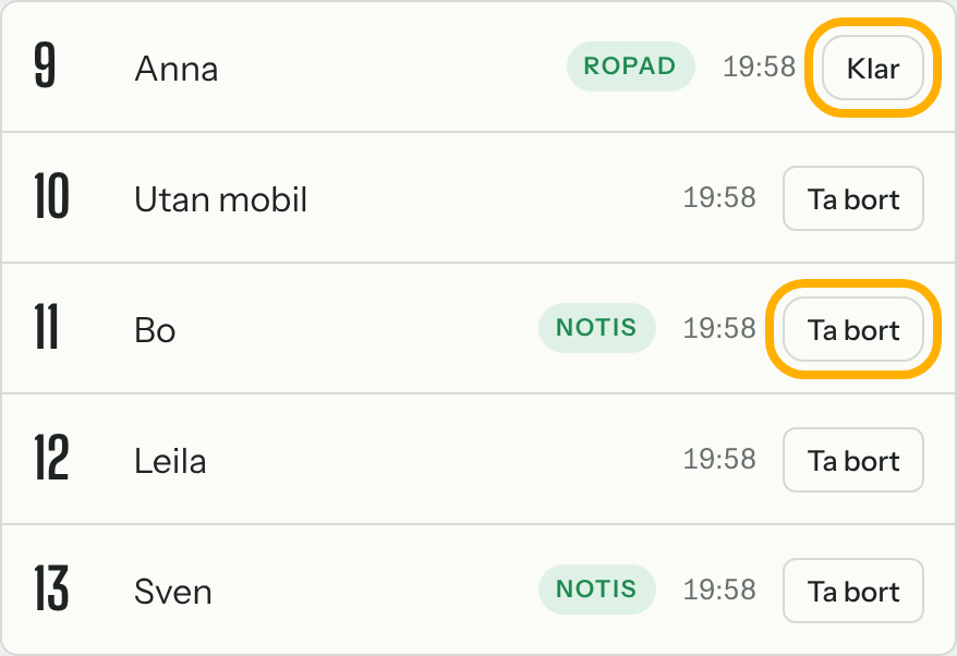 Kön med nummer 9 Anna ropad och knappen Klar markerad, och nummer 11 Bo med knappen Ta bort markerad.