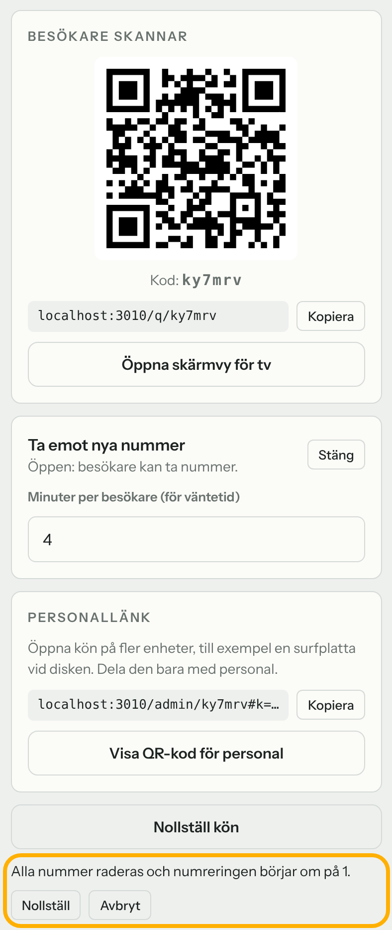 Knappen Nollställ kön och bekräftelsen Alla nummer raderas markerad.