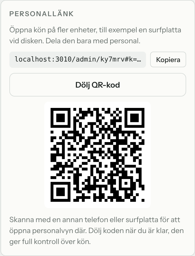 Rutan Personallänk med QR-kod för personal visad.