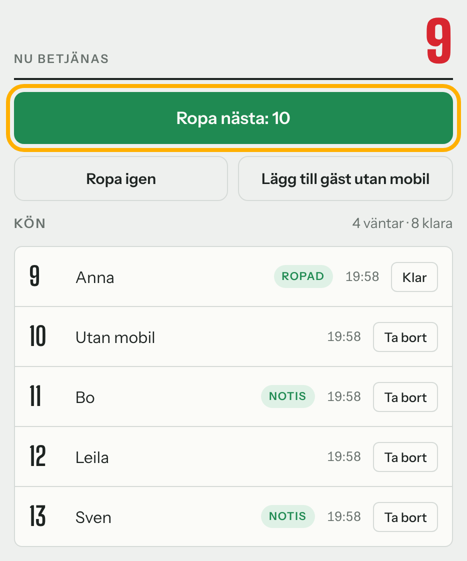 Knappen Ropa nästa: 10 markerad med gul ram.